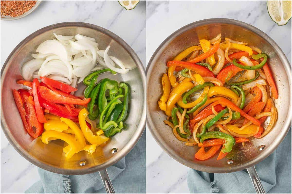 Saute red, yellow and green peppers and onions in a pan.