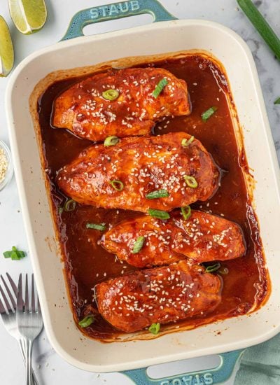 A tray of sweet and spicy honey sriracha chicken.