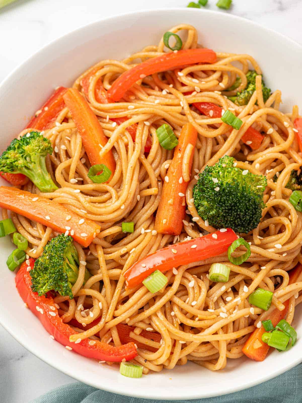 A bowl of authentic vegetable lo mein recipe.