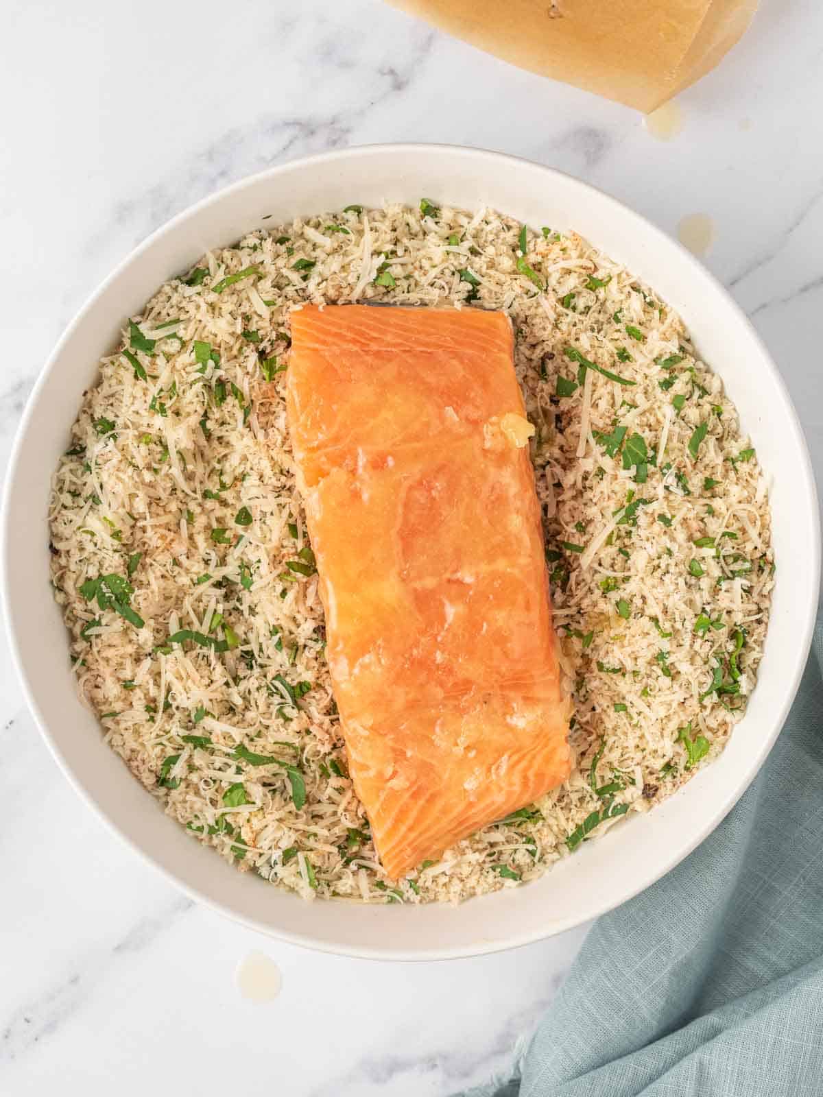 Process for coating the parmesan salmon.