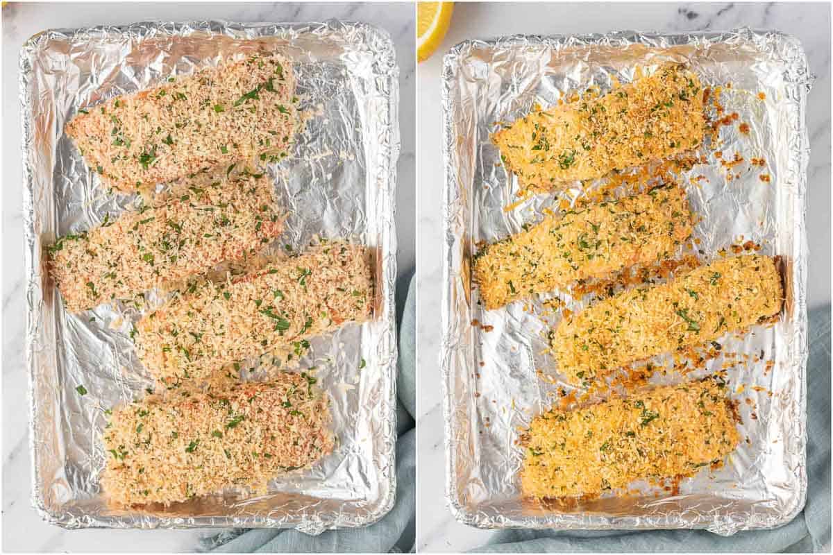 Process for baking parmesan crusted salmon fillets.
