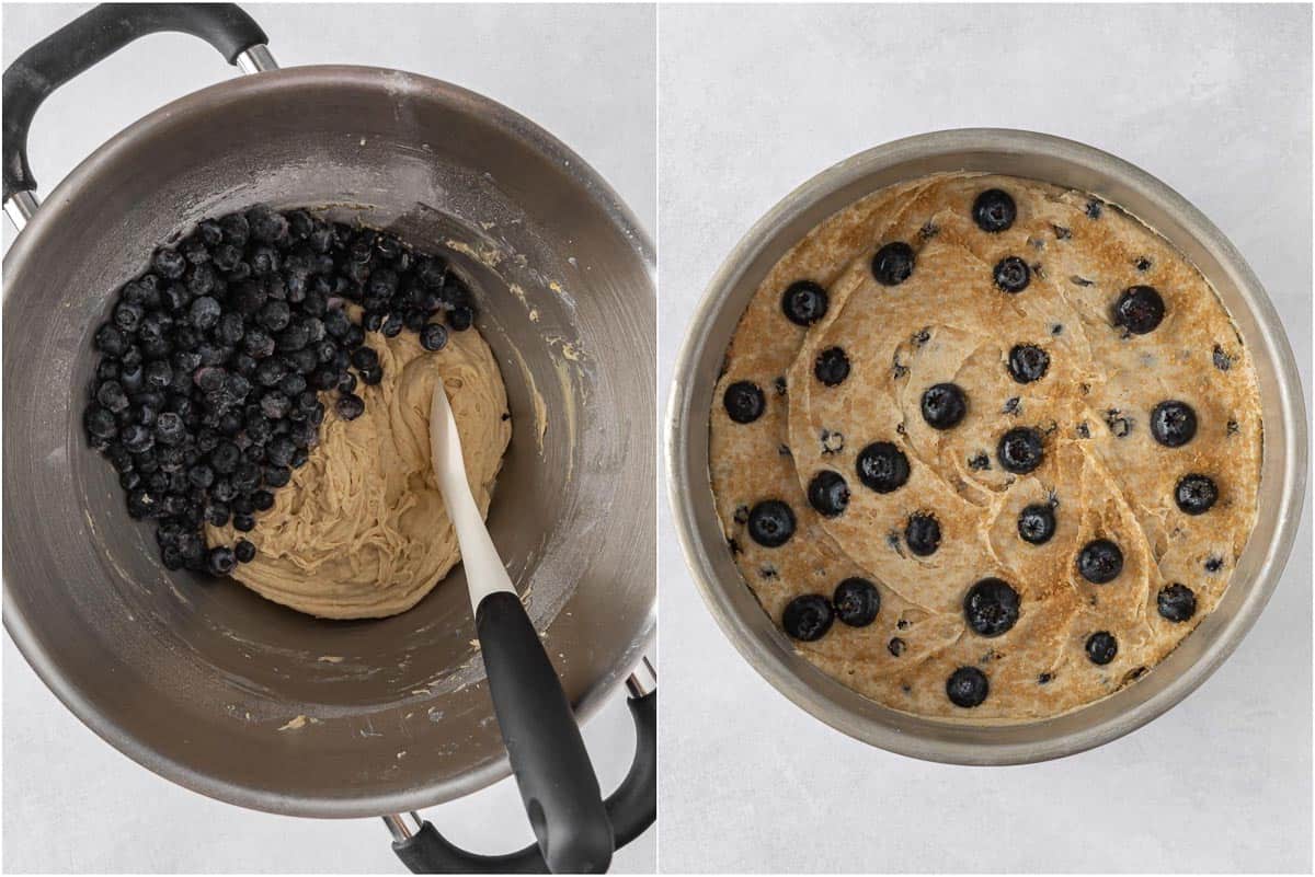 Gently folding in blueberries then adding batter to a pan.