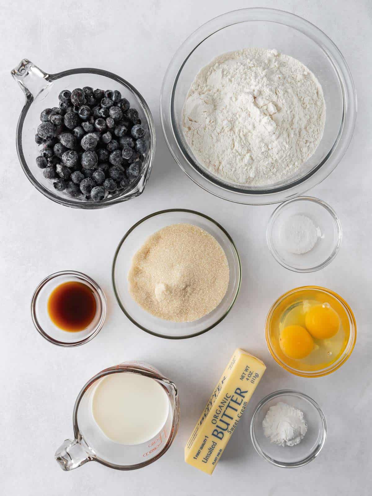 Ingredients needed for blueberry breakfast cake.