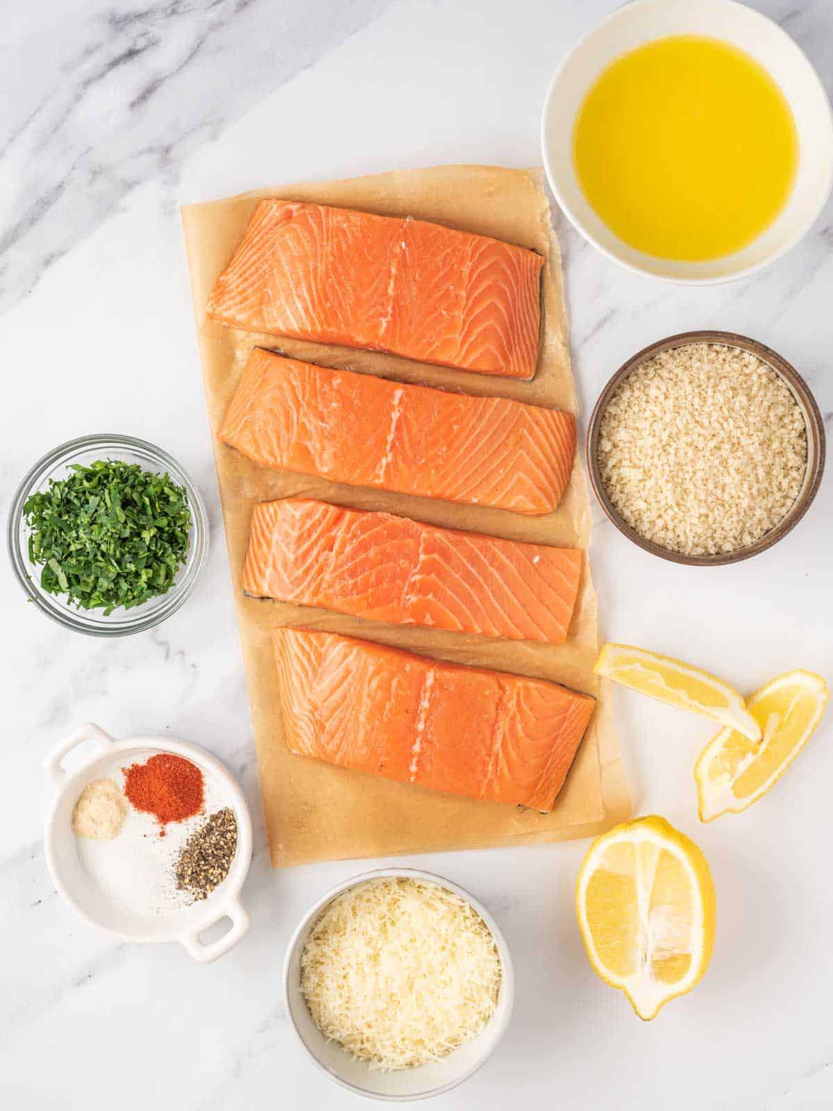 Ingredients needed for crispy baked salmon.