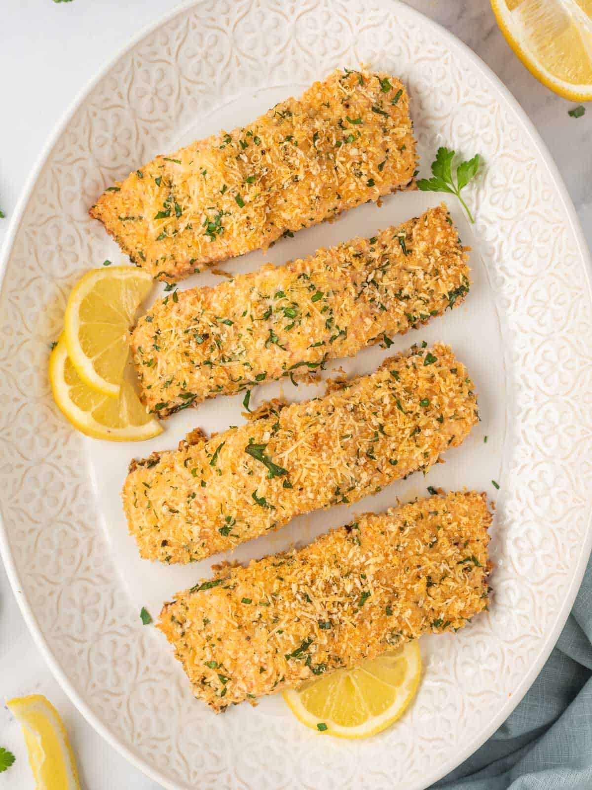Parmesan crusted salmon recipe on a platter.
