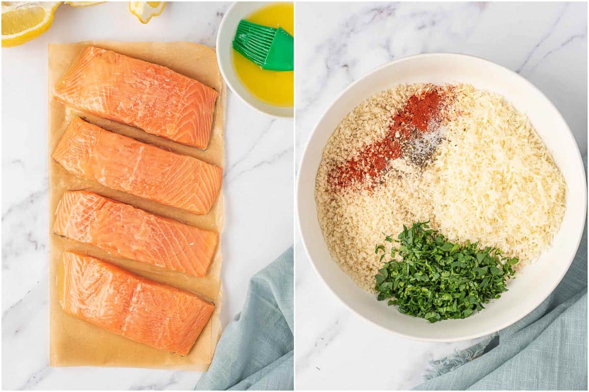 Preparing ingredients for crispy baked salmon with parmesan.