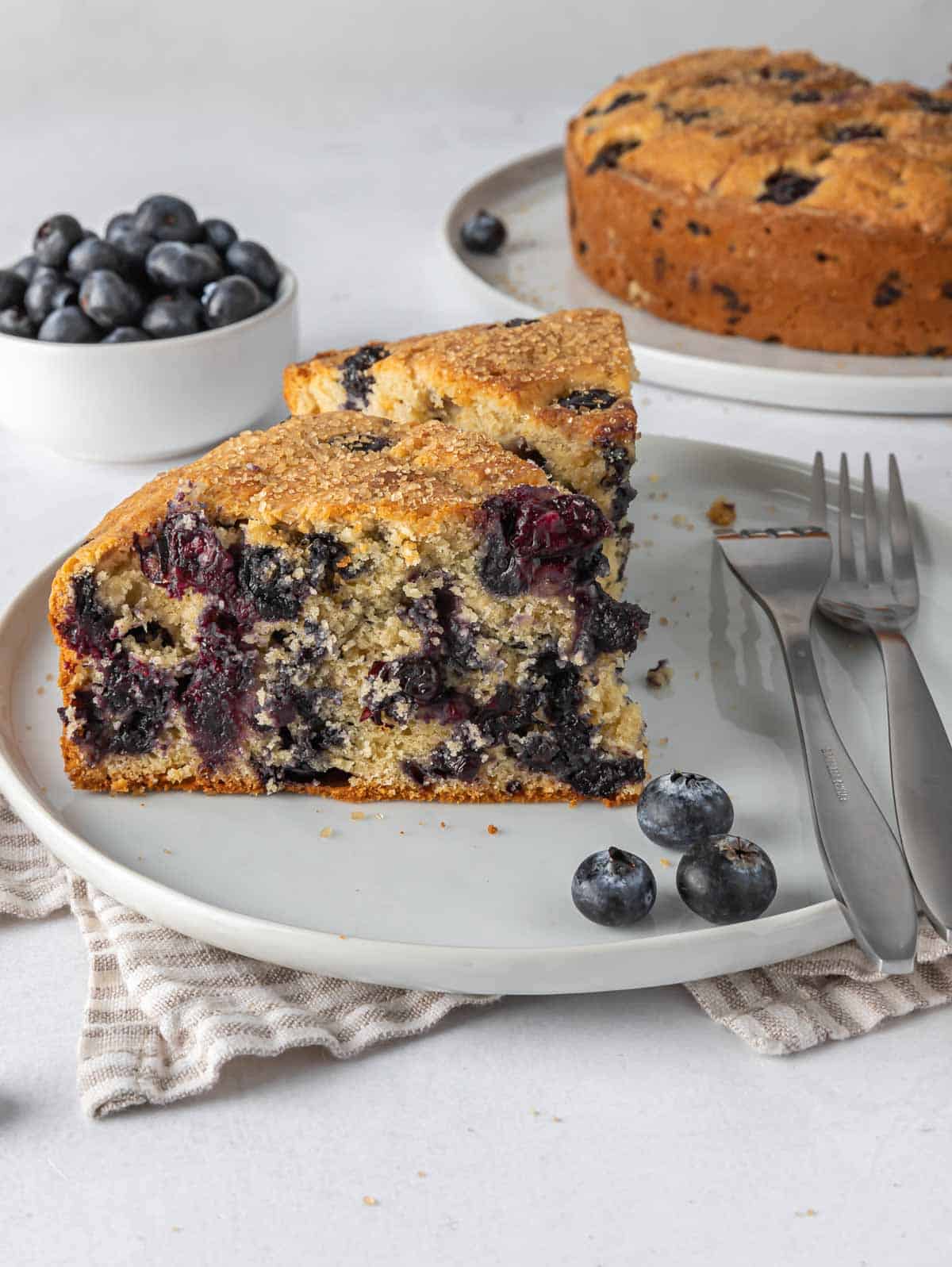 Two slices of coffee cake with blueberries on a plate with forks and fresh blueberries.