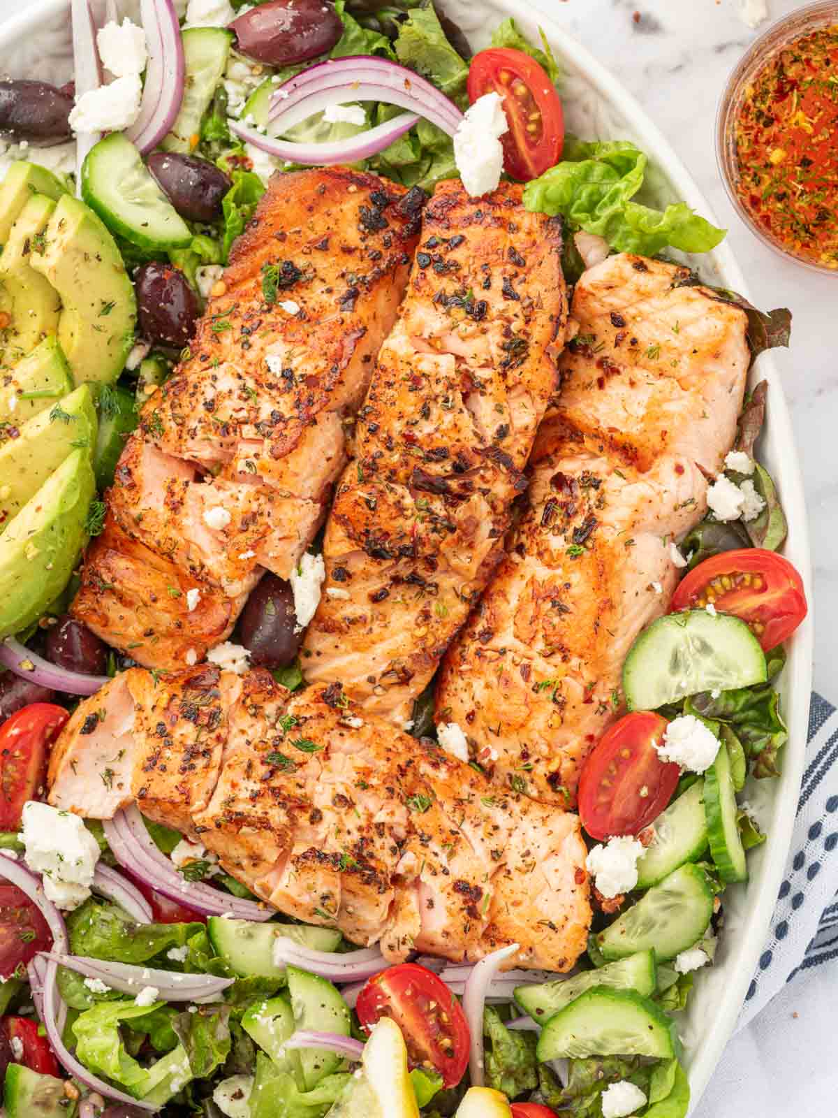 Close up of mediterranean salmon salad.