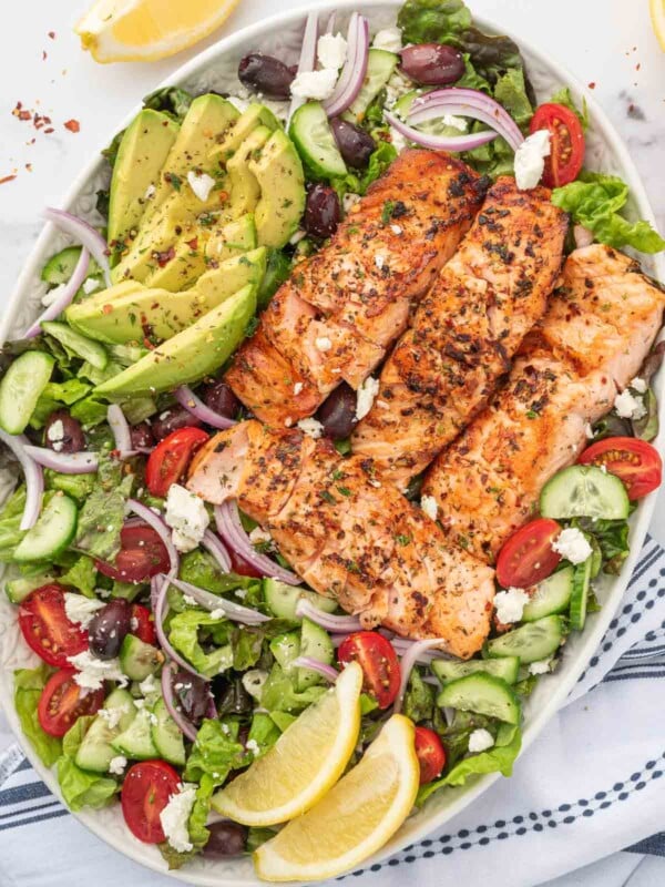Greek salmon salad on a platter.