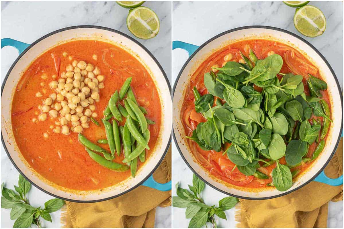 Adding chickpeas, snow peas and spinach to the red curry sauce.