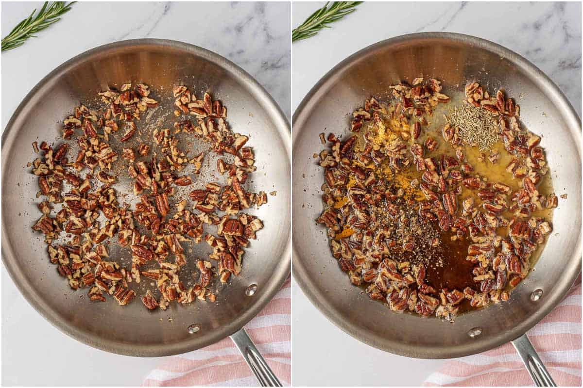 Preparing maple pecan glaze in a skillet.