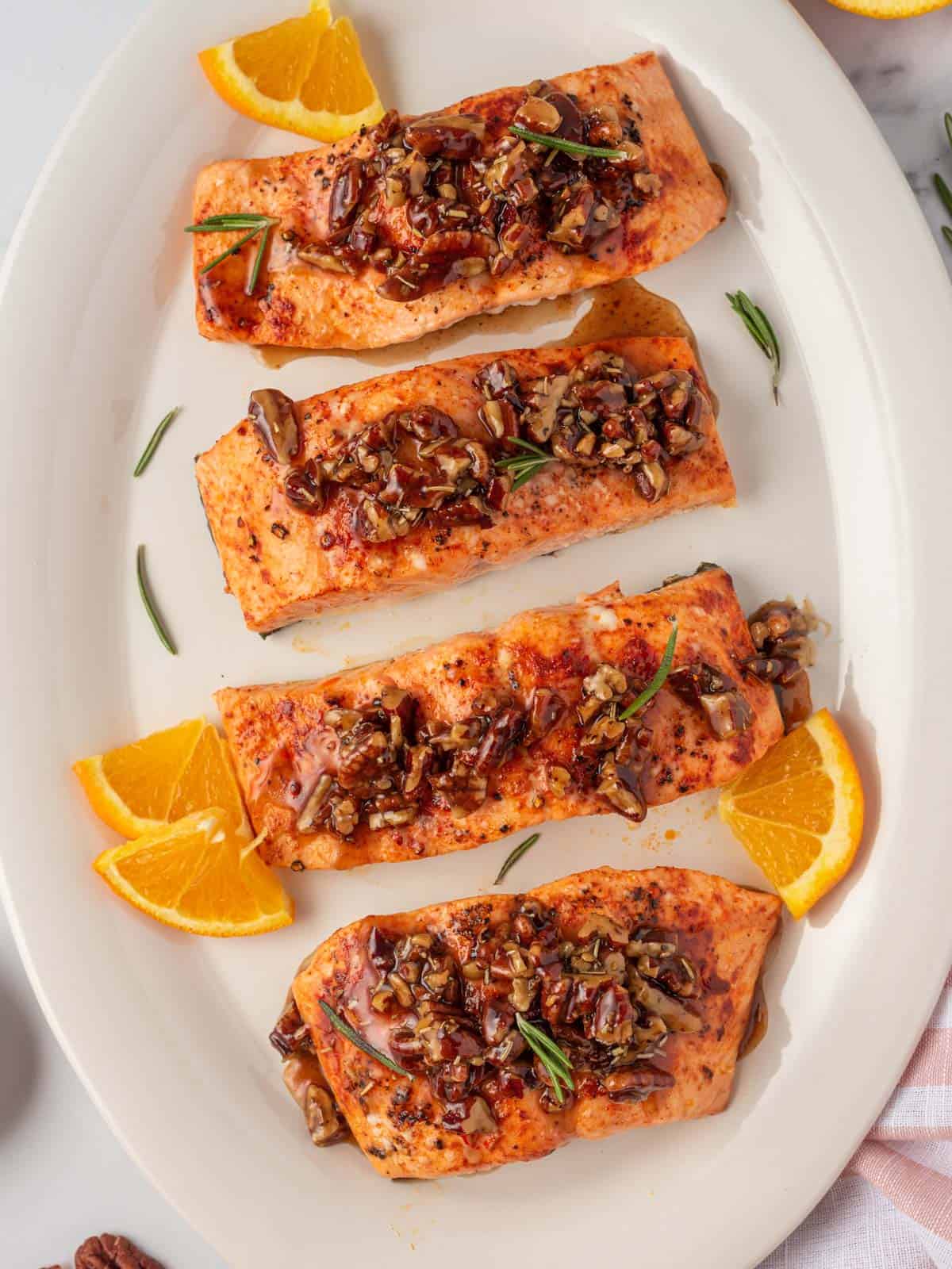 A platter of maple glazed salmon.