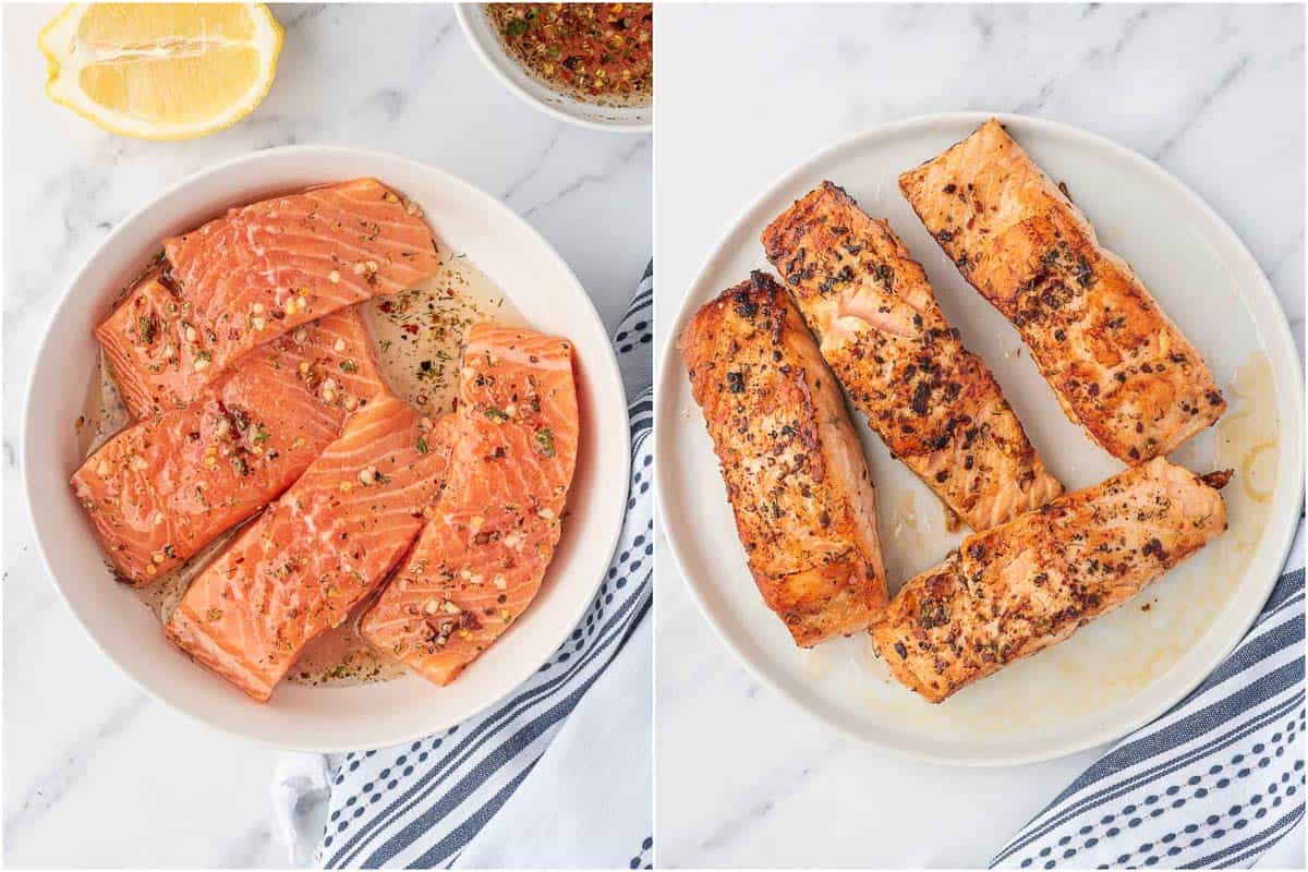 Before and after process of grilling greek marinated salmon.