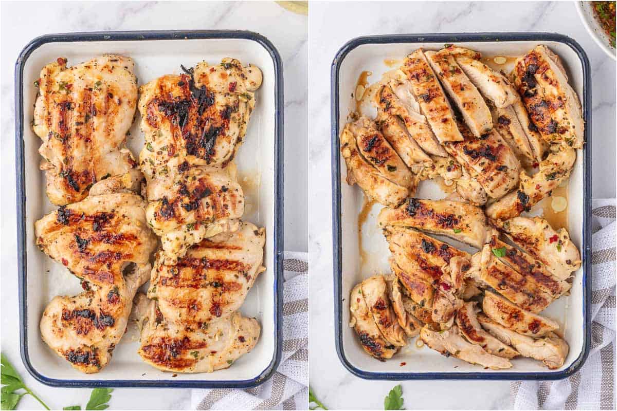 Grilled chicken sliced for serving on salad.