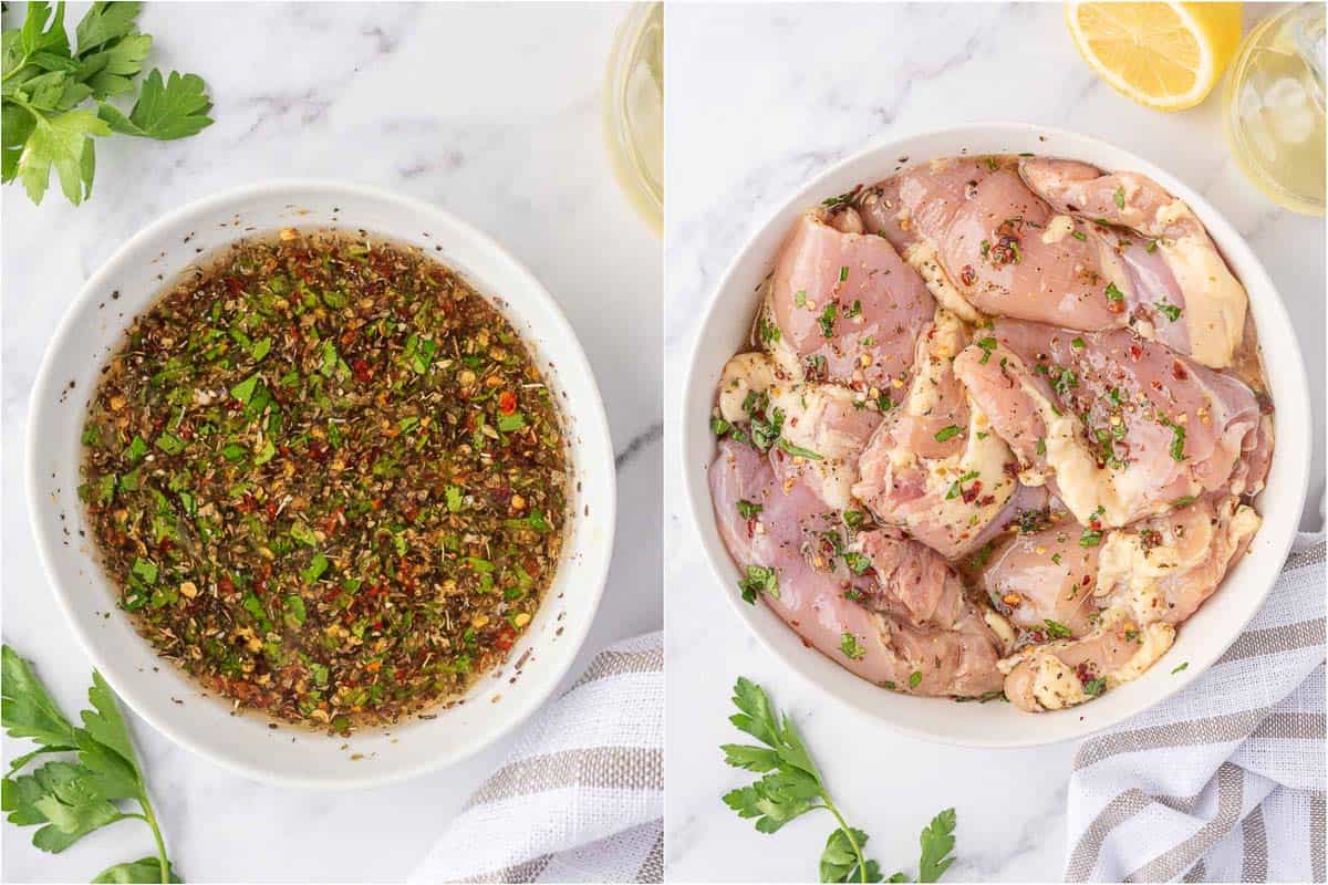 Marinating chicken for lemon herb chicken salad.