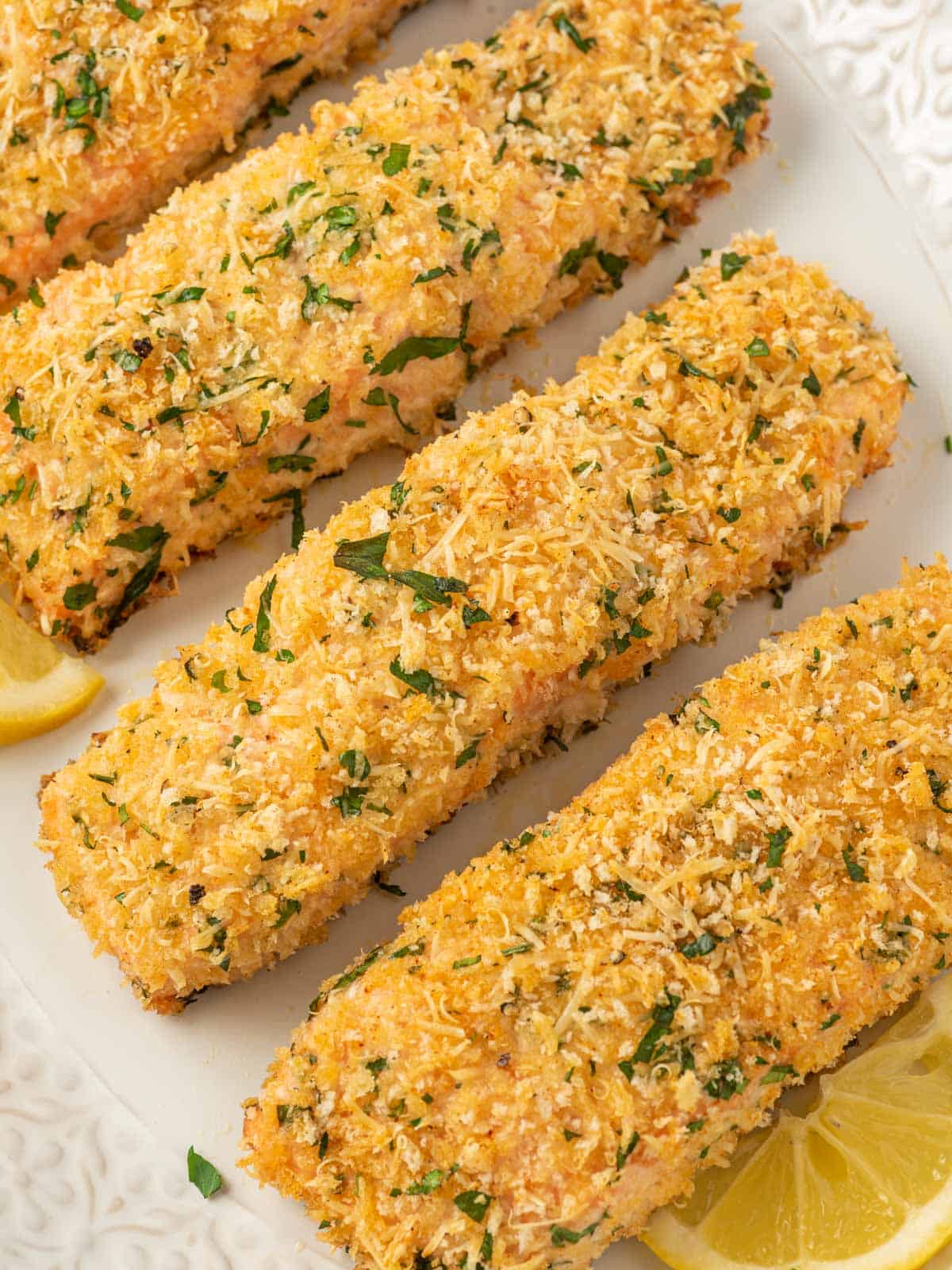 Close up of baked parmesan salmon.