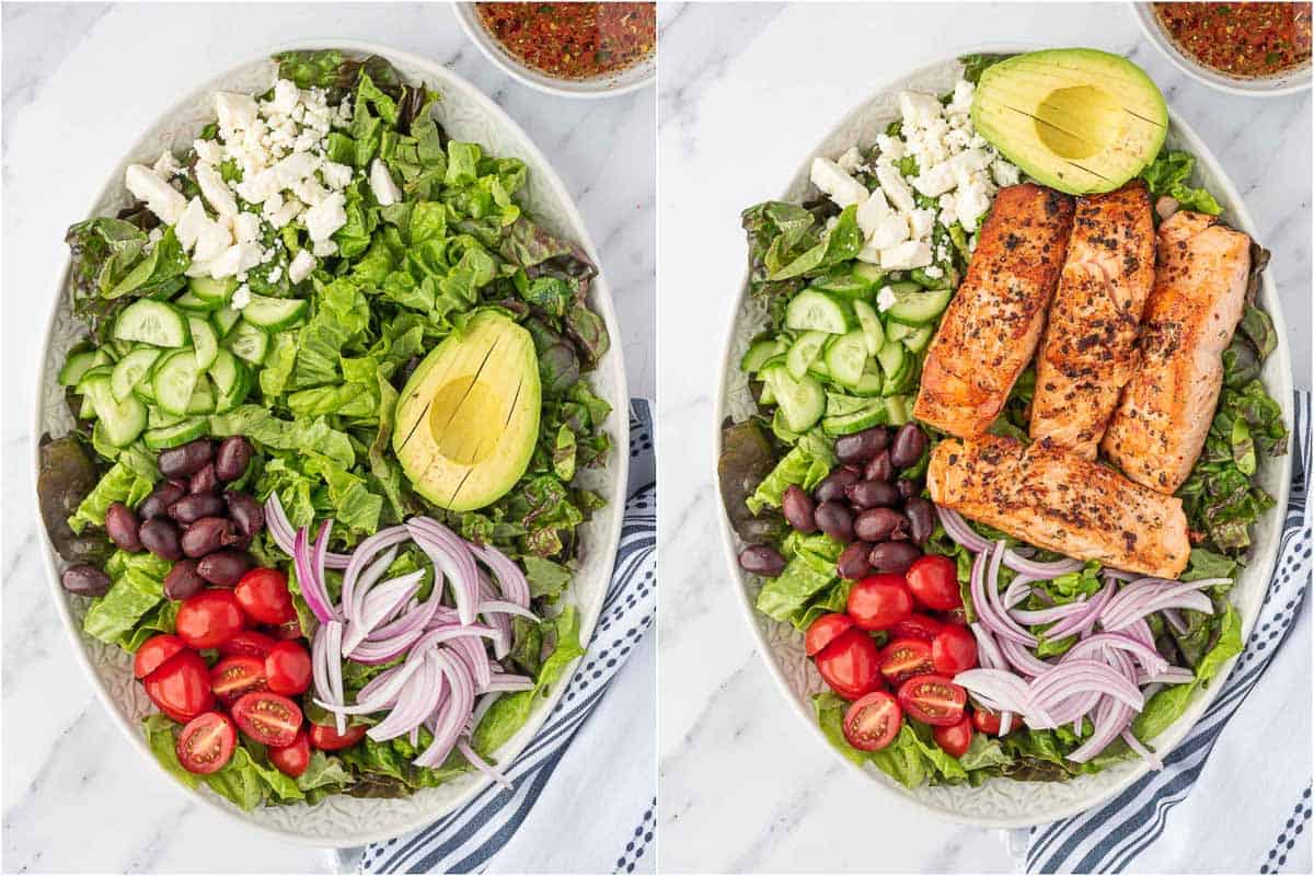 Topping the prepared greek salad with salmon.