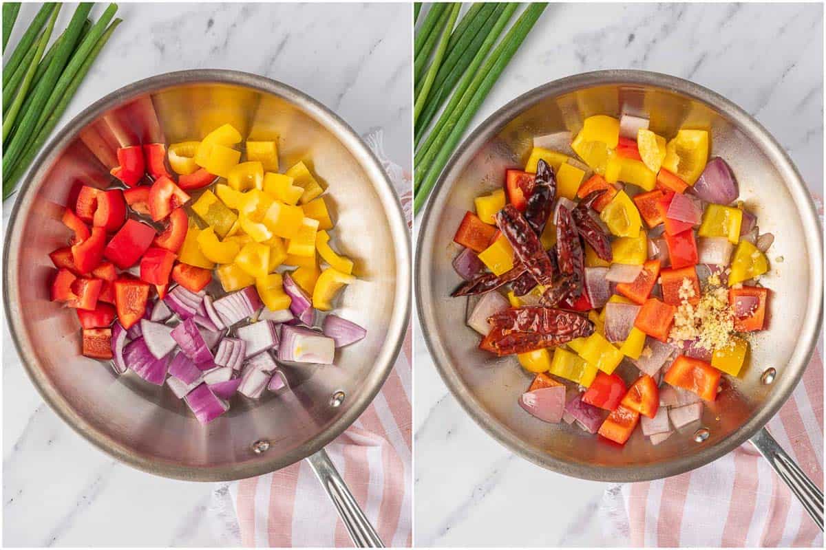 How to stir fry veggies for Kung Pow Shrimp.