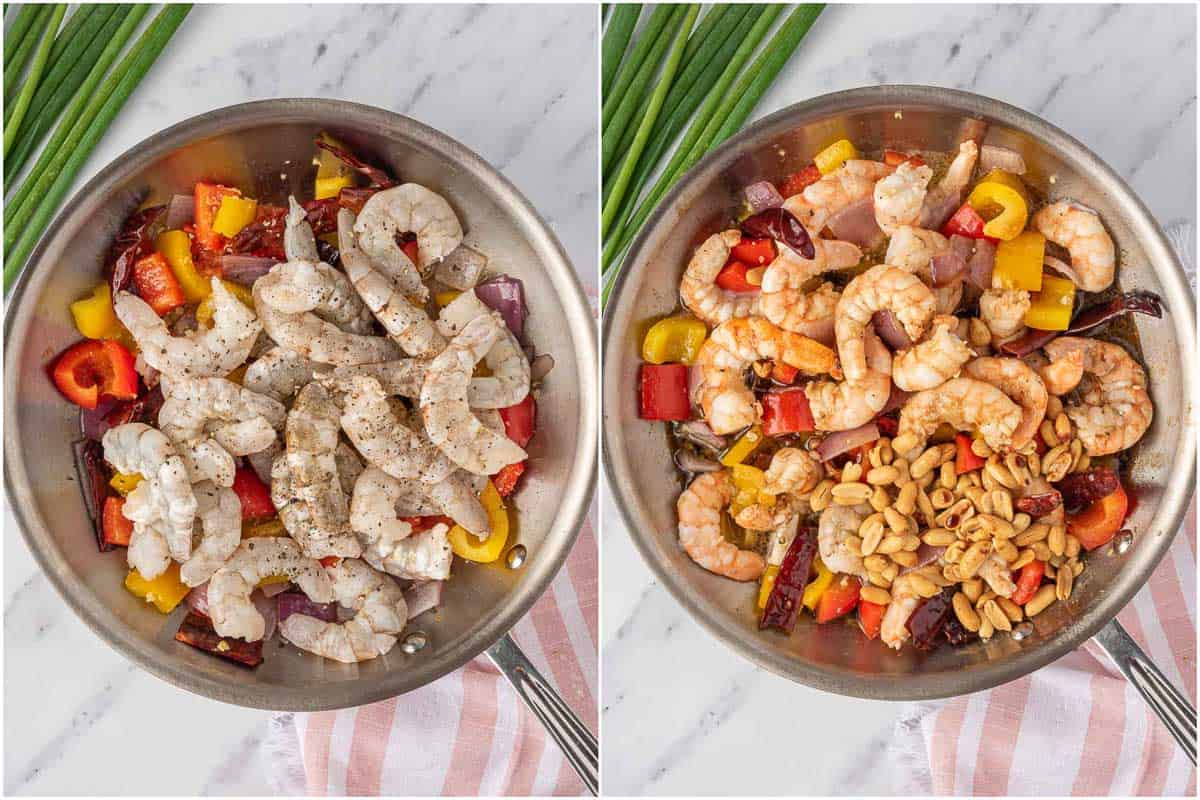 Process of cooking spicy shrimp stir fry.