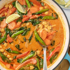 Serving red curry with vegetables from a pot.