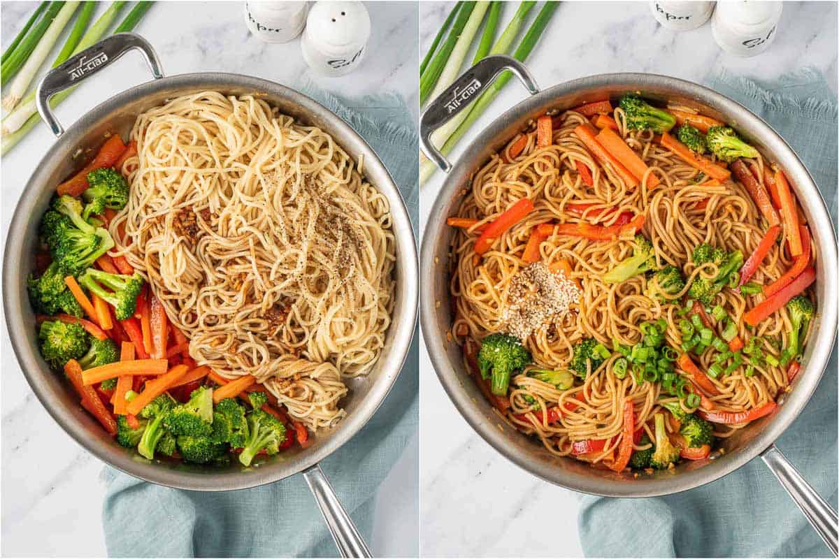 Tossing and garnishing the veggie lo mein recipe in a skillet.