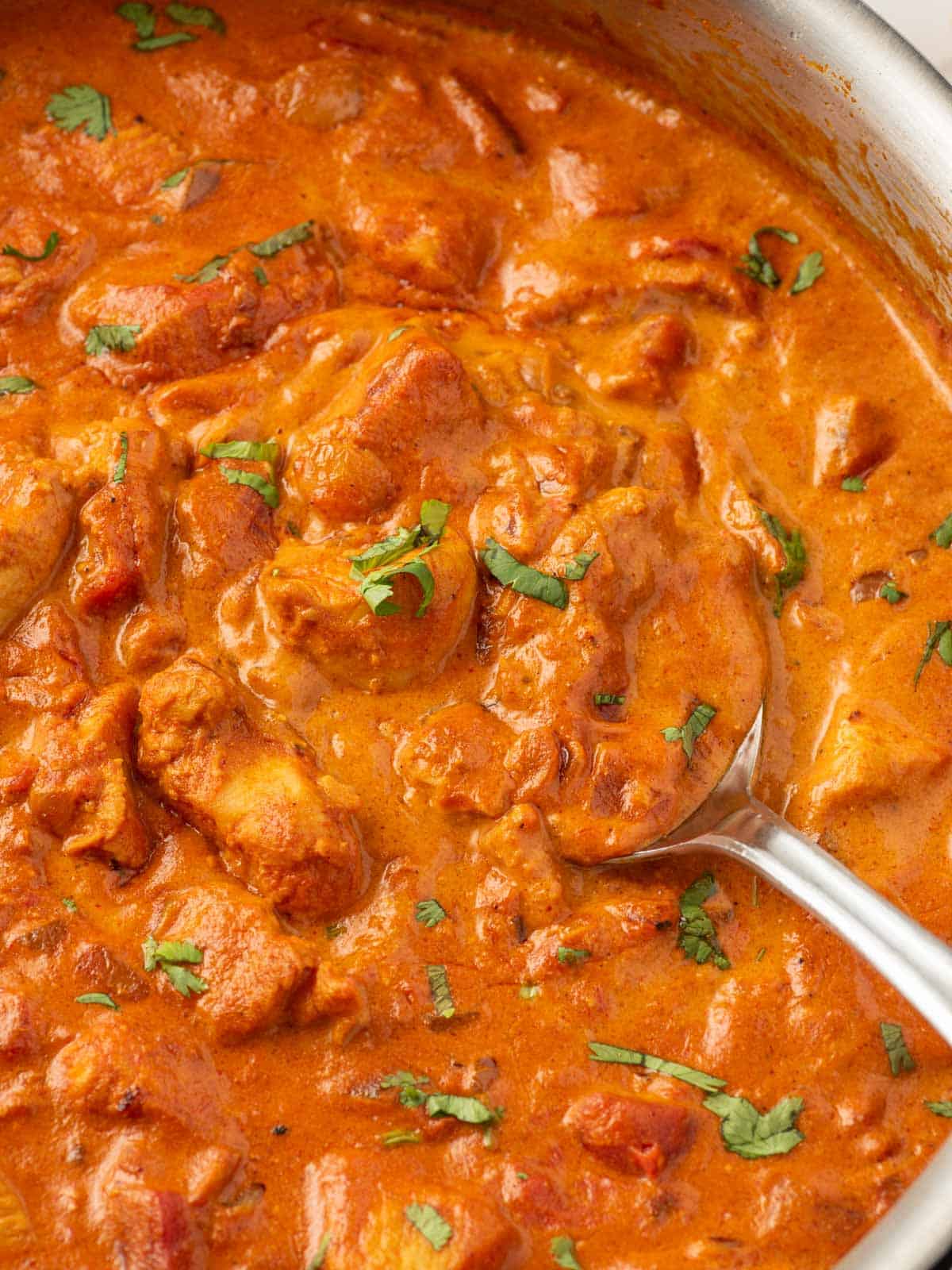 A spoon serves a portion of healthy chicken tikka masala.