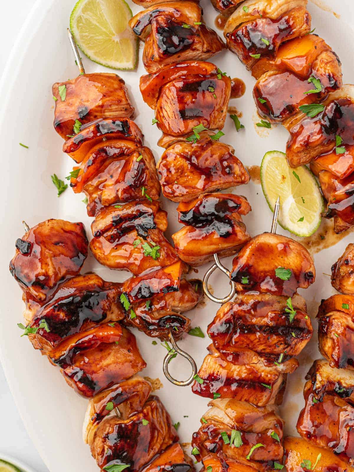 Chicken skewers coated in a flavorful honey bbq chicken marinade.