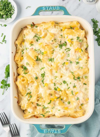 Easy tuna noodle casserole recipe in a baking dish.