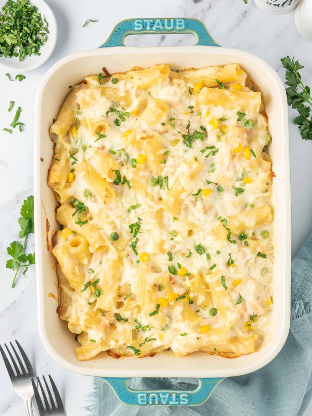 Easy tuna noodle casserole recipe in a baking dish.