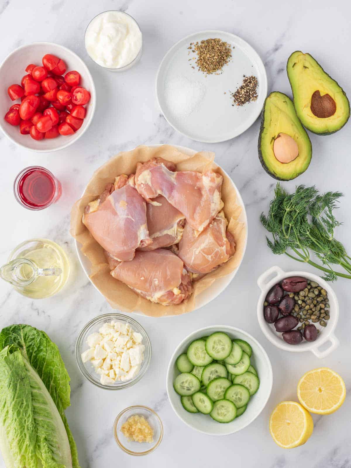 Ingredients needed for Greek chicken salad recipe.