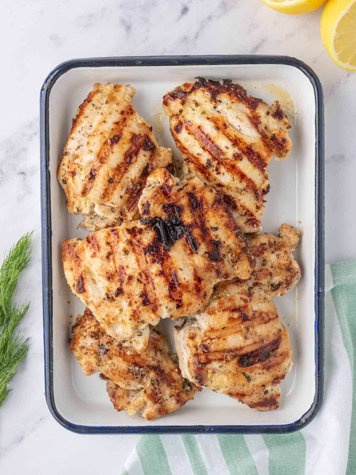 A platter of grilled yogurt marinated chicken.