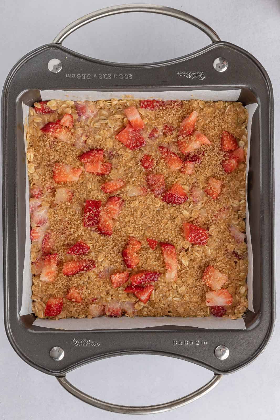 Baked gluten free oatmeal breakfast bars before baking.