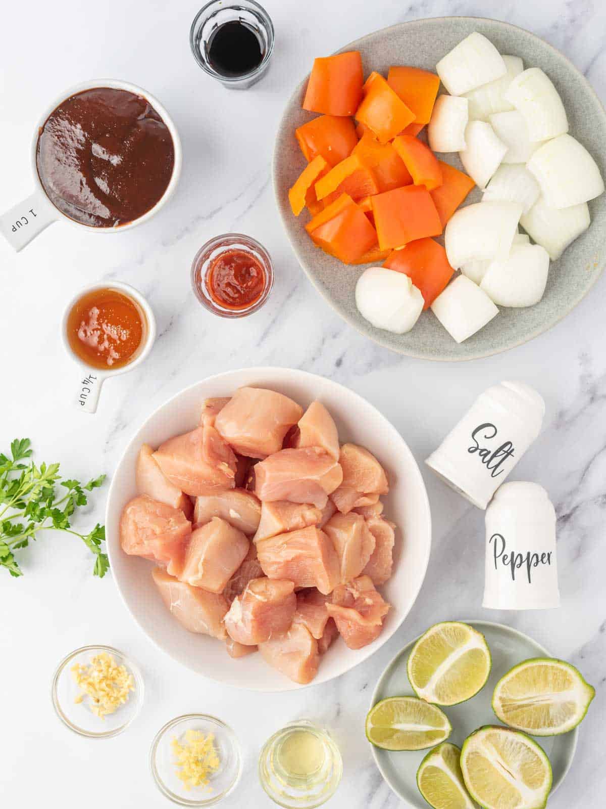 Ingredients needed for Honey bbq chicken kabobs.