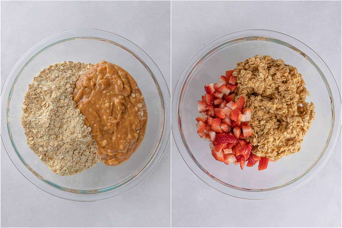 Adding strawberries to the healthy oatmeal strawberry bars.