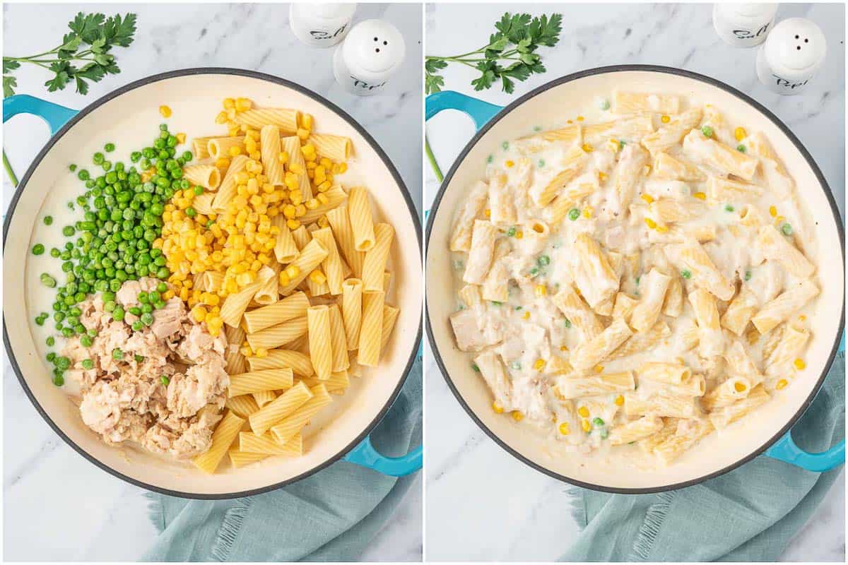 How to combine ingredients for creamy tuna pasta casserole.