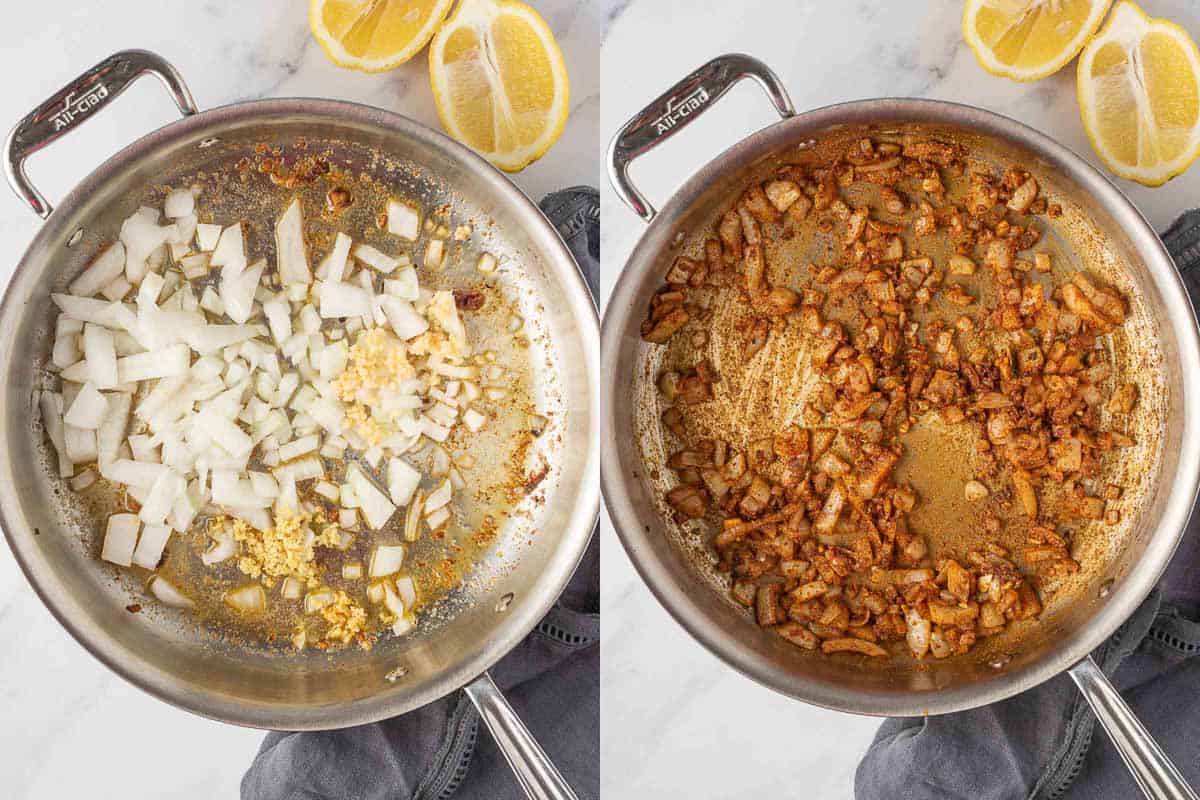 Sauteing the aromatics for the base of the Indian tikka masala sauce.