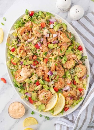 A platter of an easy shrimp salad recipe ready to serve.