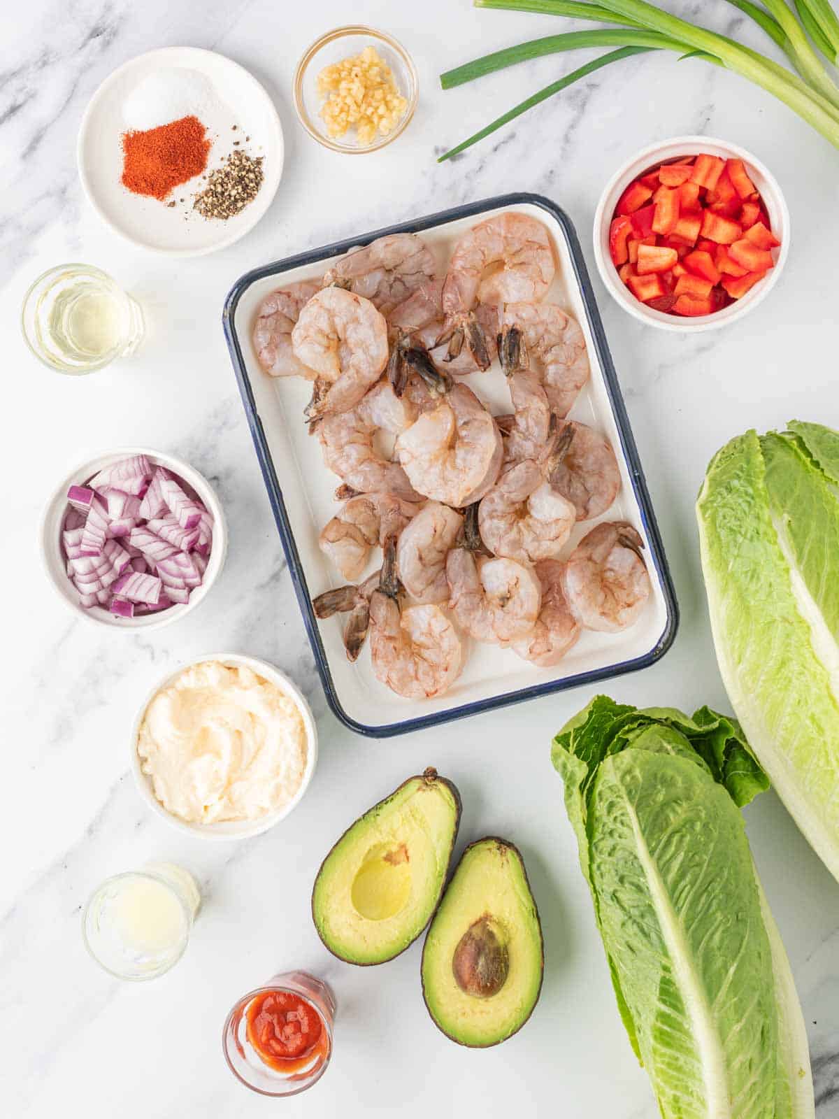 Ingredients needed for shrimp lettuce salad.