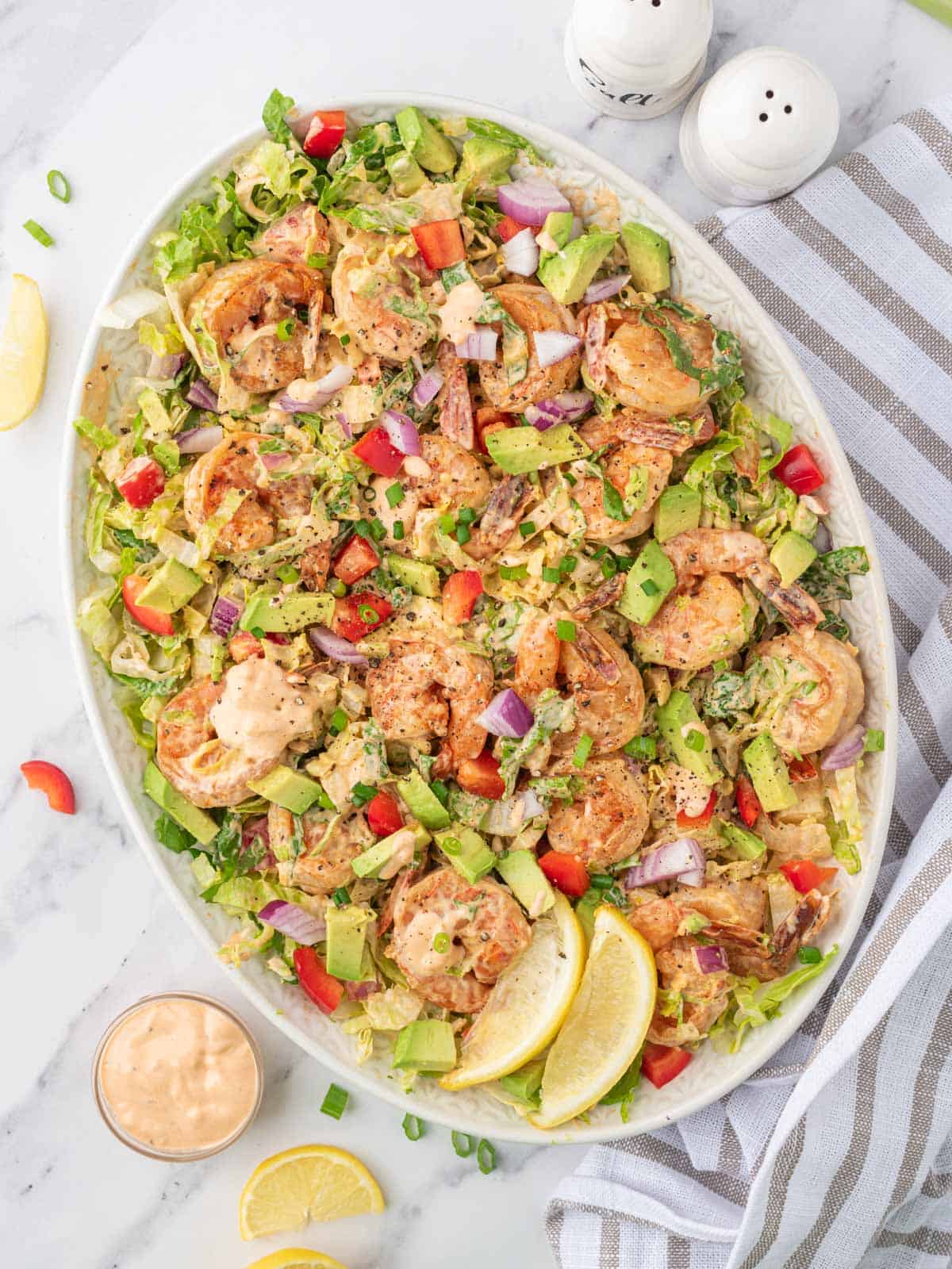 A platter of an easy shrimp salad recipe ready to serve.