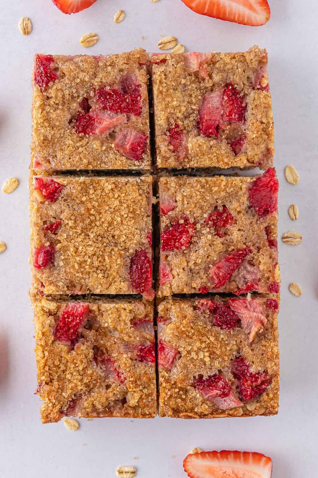 Tasty strawberry oatmeal bars cut into squares.