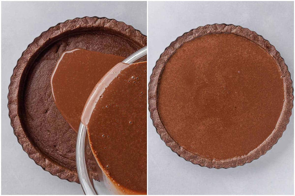 How to add vegan chocolate pie filling to the no-bake crust.