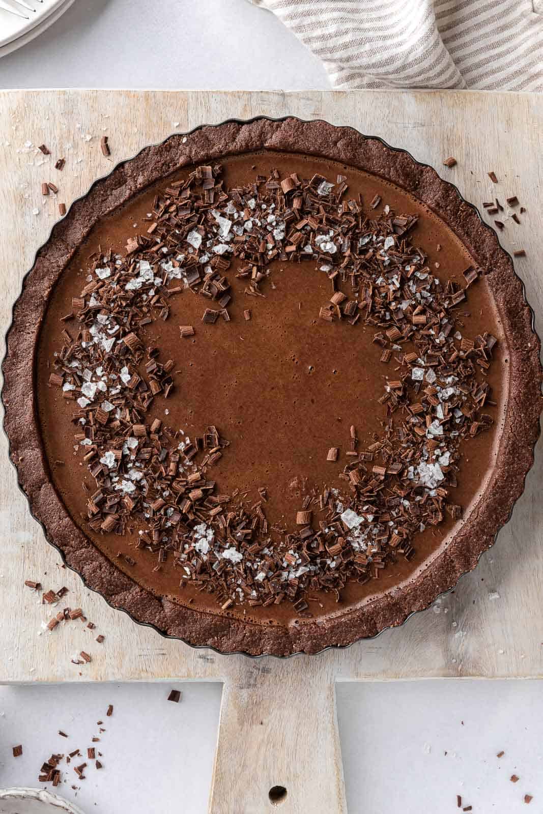 The best vegan pie topped with chocolate shavings and sea salt.