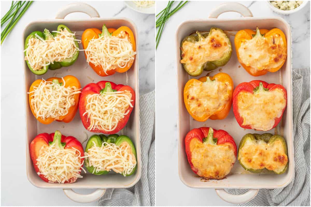 Before and after of cheese topped keto stuffed peppers with chicken.