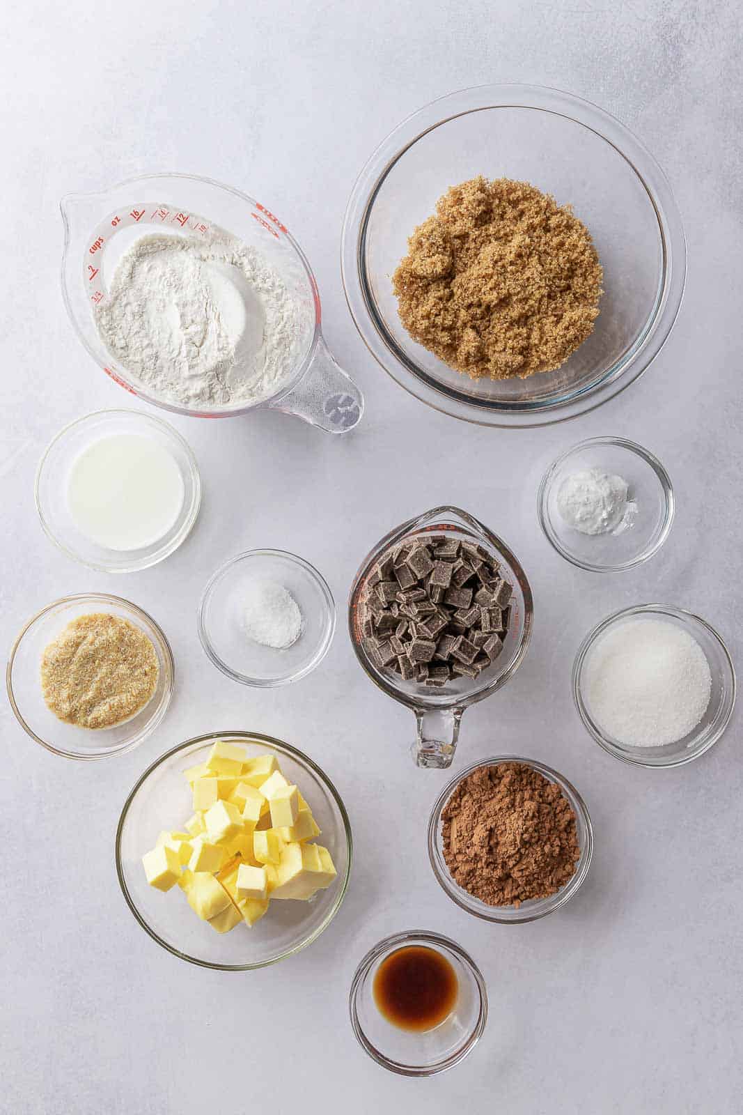 Ingredients needed for vegan double chocolate cookies.