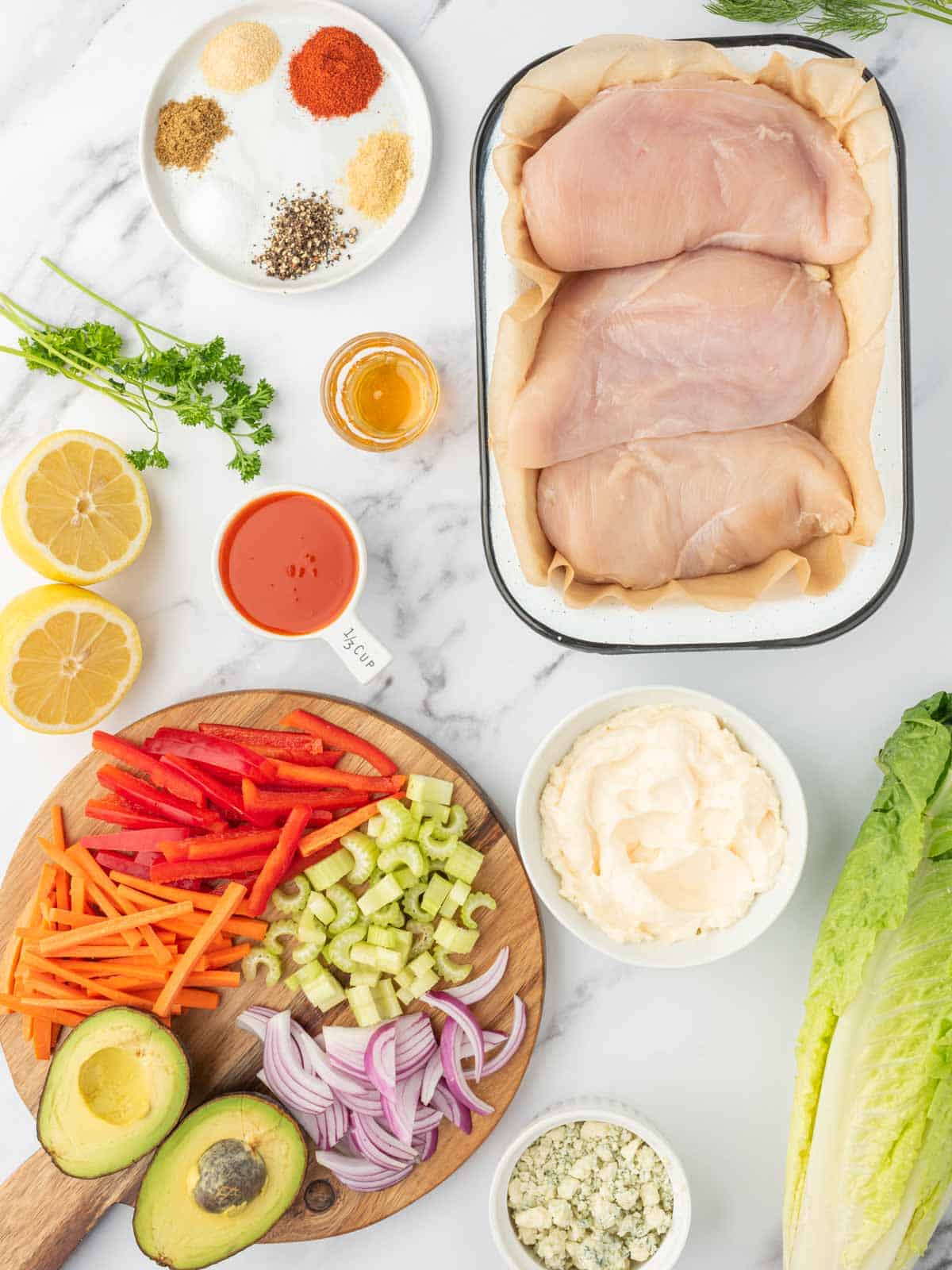 Ingredients needed for easy buffalo chicken salad.