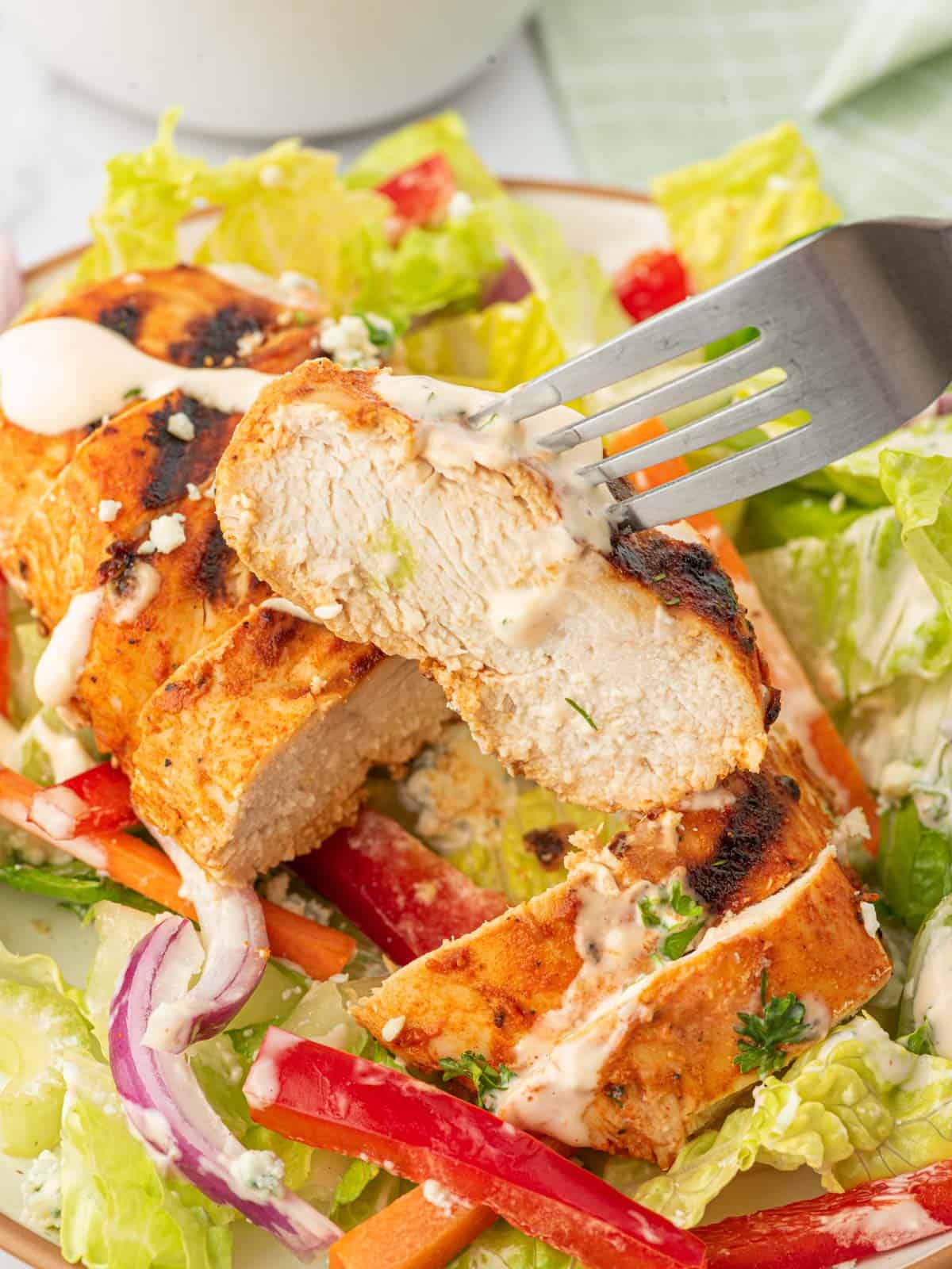 Closeup of grilled chicken salad with spicy buffalo dressing.