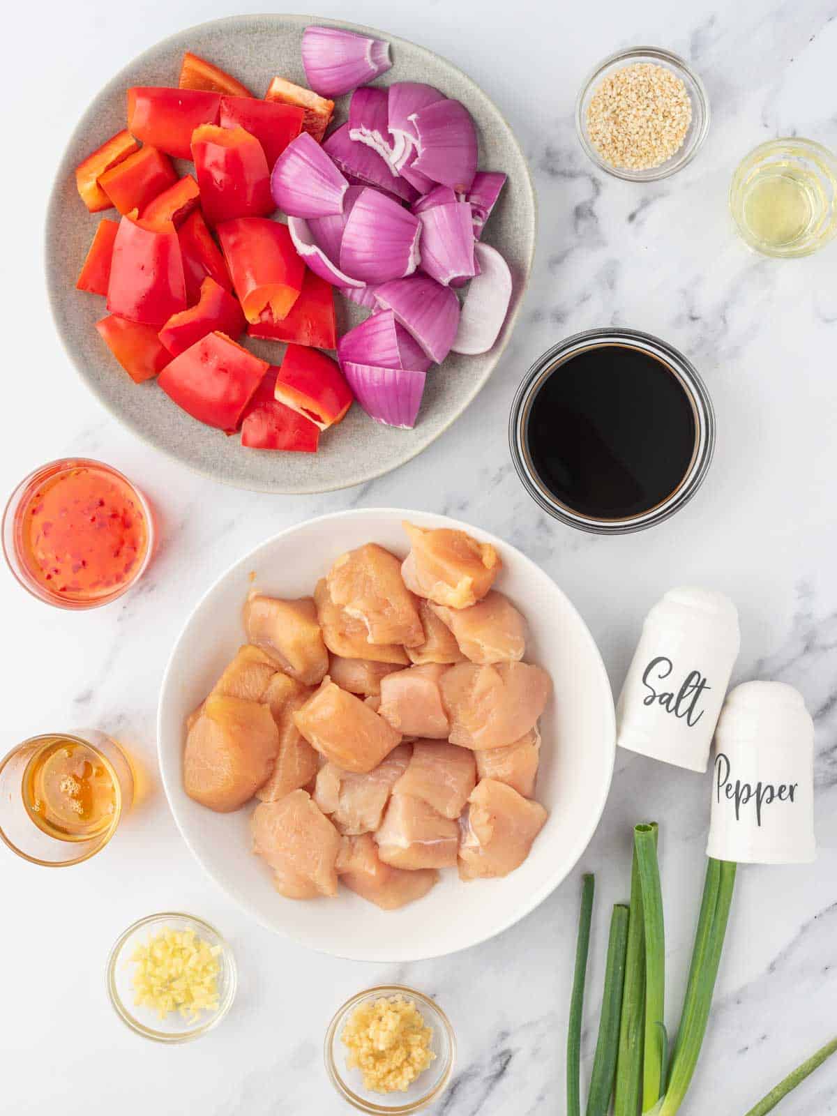 Ingredients needed for honey garlic chicken skewers.