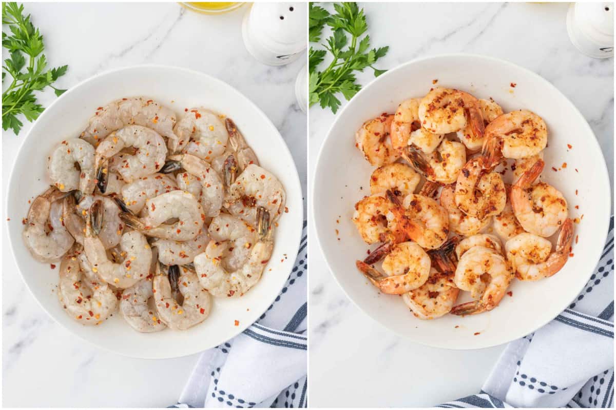 Marinated and pan grilled shrimp in a bowl.