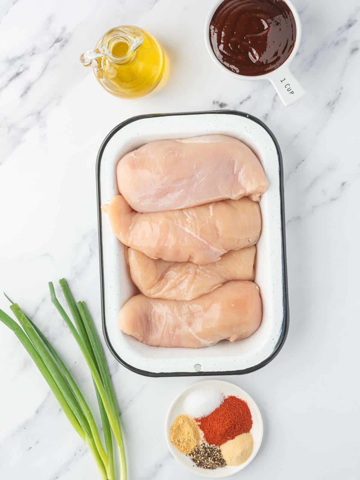 Ingredients needed for oven baked bbq chicken breast.