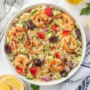 Mediterranean shrimp salad in a bowl.